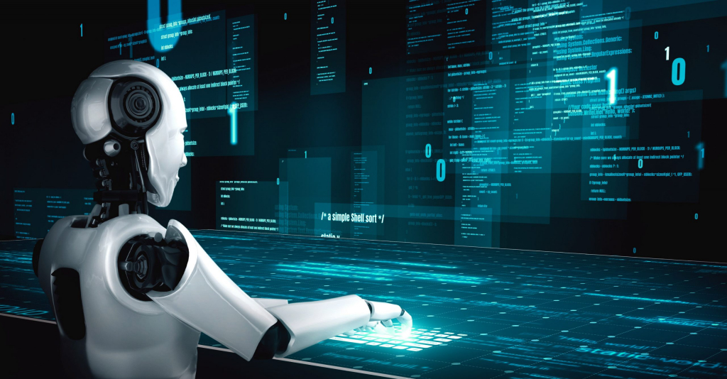 Futuristic robot artificial intelligence huminoid AI programming coding technology development and machine learning concept. Robotic bionic science research for future of human life. 3D rendering.