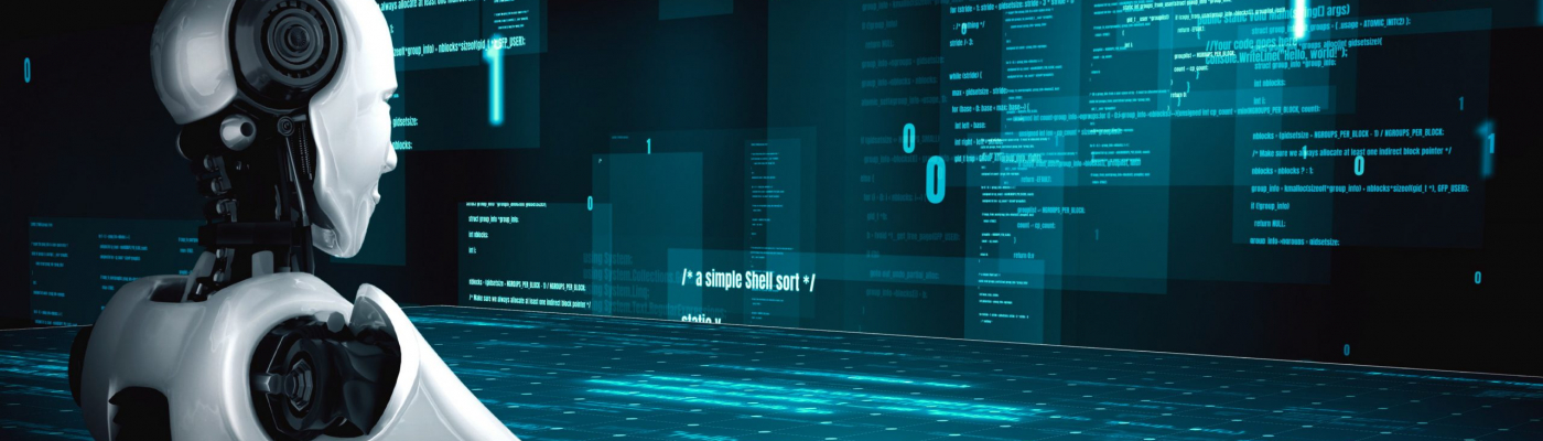 Futuristic robot artificial intelligence huminoid AI programming coding technology development and machine learning concept. Robotic bionic science research for future of human life. 3D rendering.